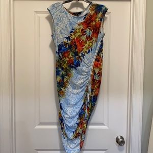 EUC BCBGMaxAzria floral print,asymmetric front zip dress, size L